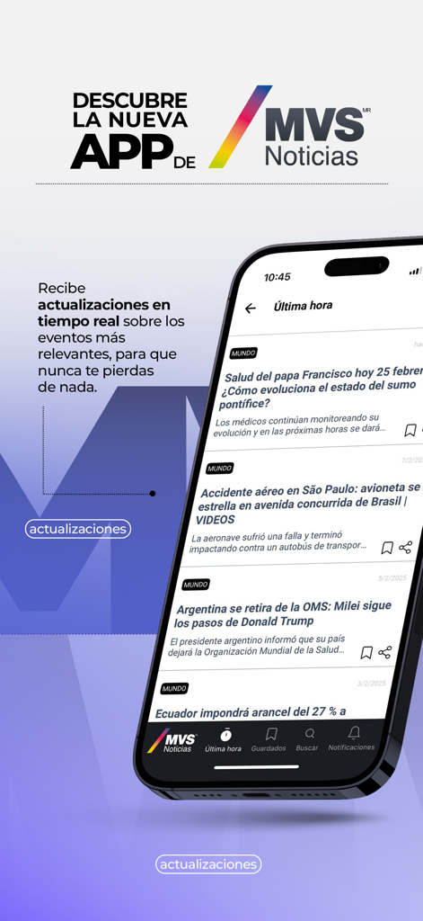 MVS Noticias - Interface do aplicativo MVS Noticias mostrando manchetes de notícias de última hora em tempo real em espanhol.