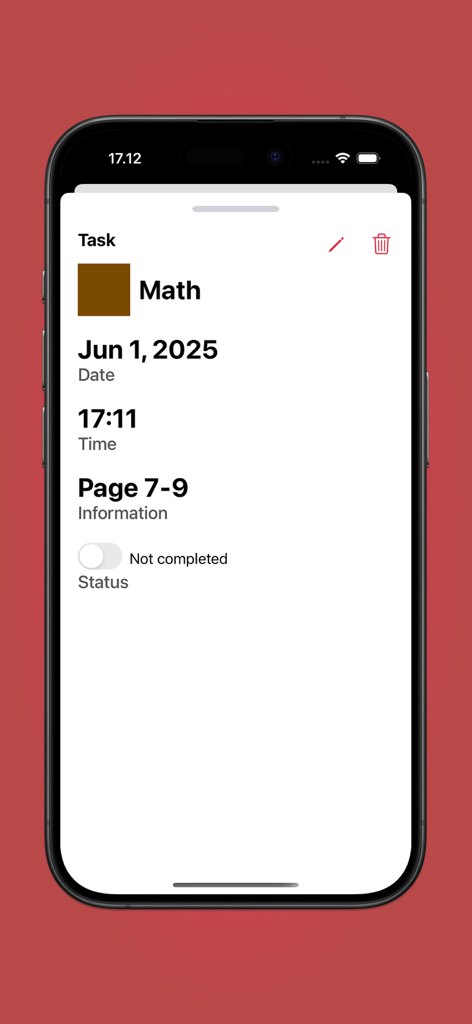 School Timetable & Task - A mobile app screen displaying details for a math assignment including date, time, and completion status.