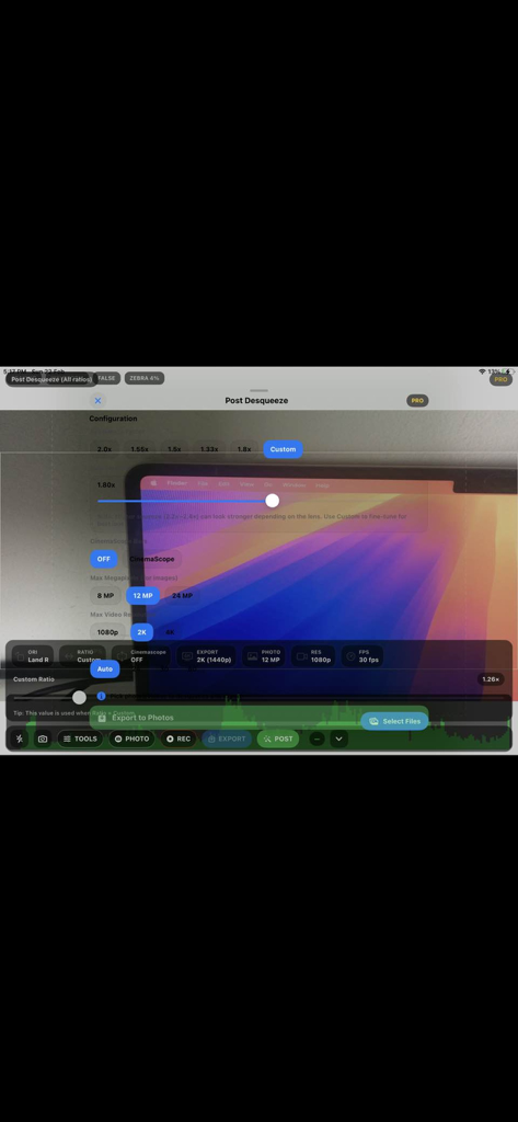 AnamorphicDesqueezer - AnamorphicDesqueezer app interface for post-production desqueezing with custom ratio and resolution settings.