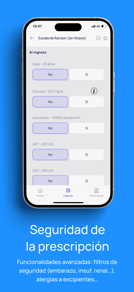 iDoctus - Interfaz de la calculadora clínica de la aplicación iDoctus mostrando la escala de Ranson para médicos