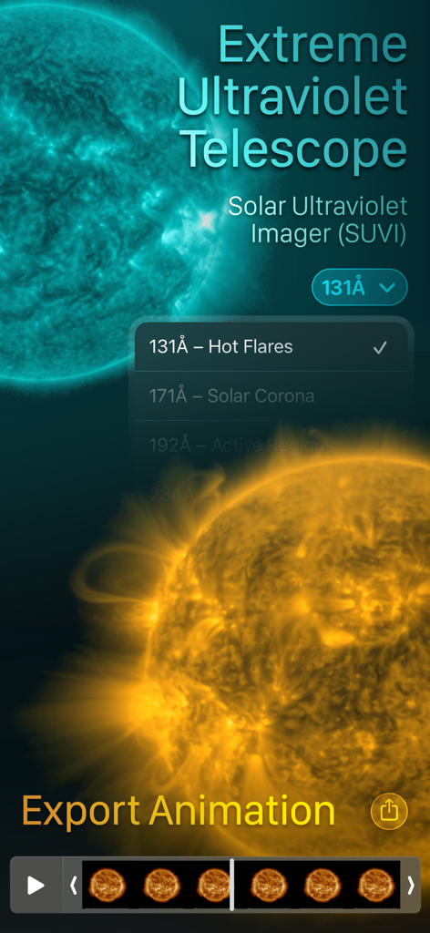extreme ultraviolet telescope view of solar flares and hot flares on the sun with animation controls
