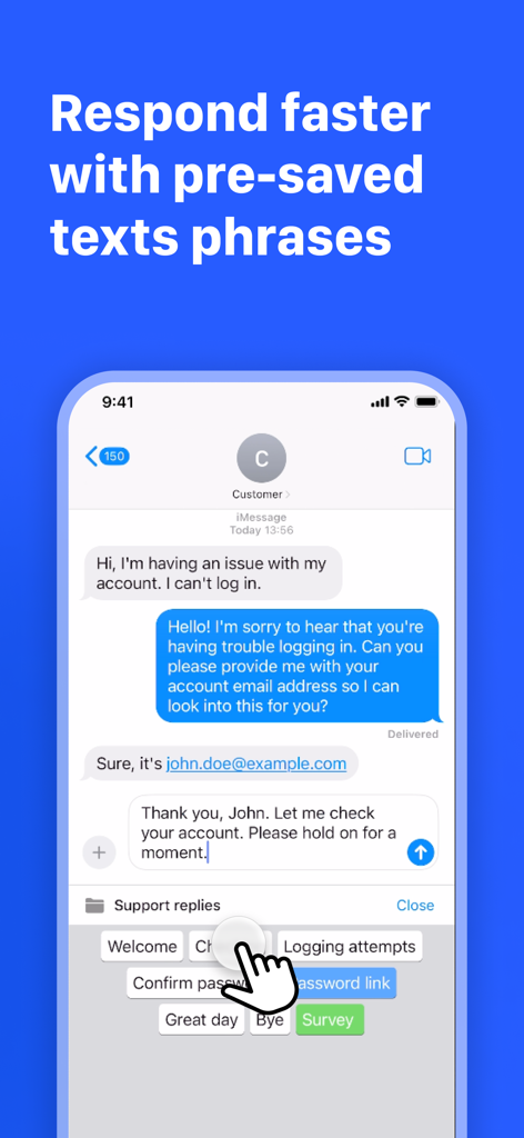 Copied - Auto Paste Keyboard - Pantalla de iPhone que muestra la aplicación Copied con frases de texto preguardadas para mensajes rápidos de soporte al cliente.