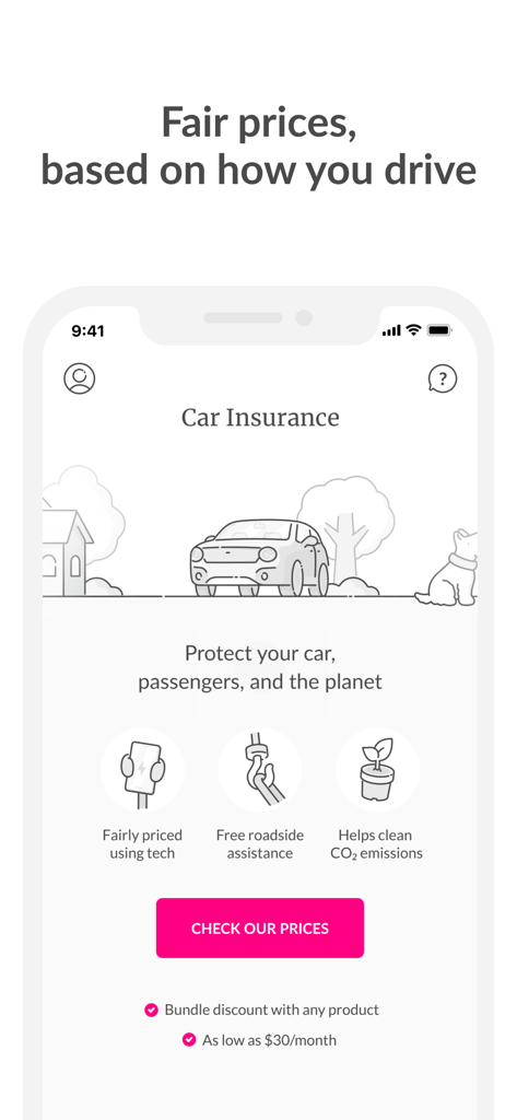 Lemonade mobile app screen for car insurance showing pricing and key features like roadside assistance and carbon cleaning
