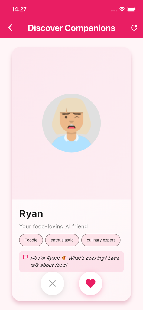 Quin - Chat & Community - Pantalla de descubrimiento de compañeros de la aplicación Quin con un perfil de IA llamado Ryan con temática de comida y etiquetas de interés.