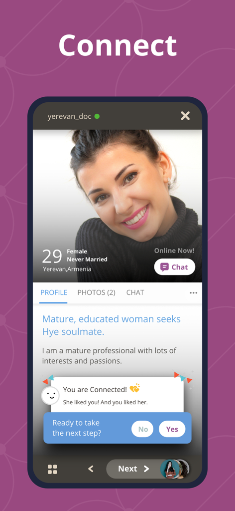 A profile of an Armenian woman on the HyeSingles dating app showing a mutual connection notification