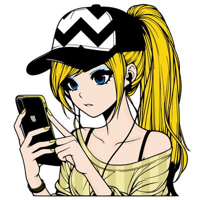 realistic girl with a long ponytail and trucker hat holding an iphone