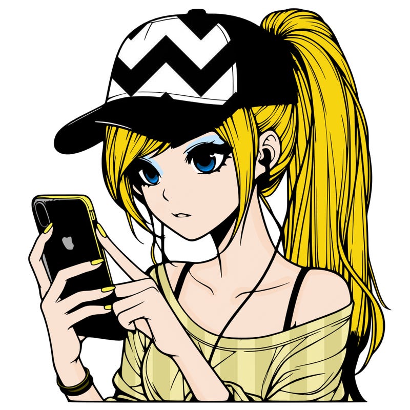 realistic girl with a long ponytail and trucker hat holding an iphone