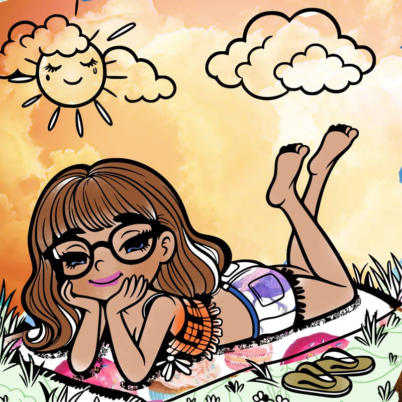 summertime a girl laying on the grass with glasses