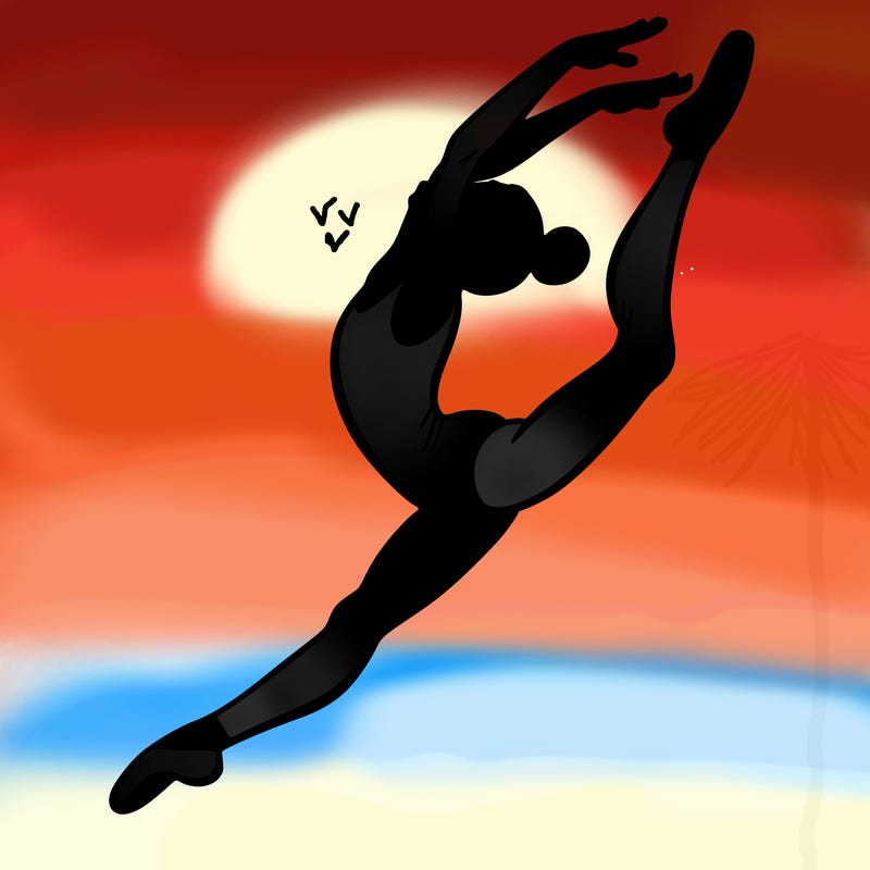 gymnast doing a leap in a leotard with a bent back leg