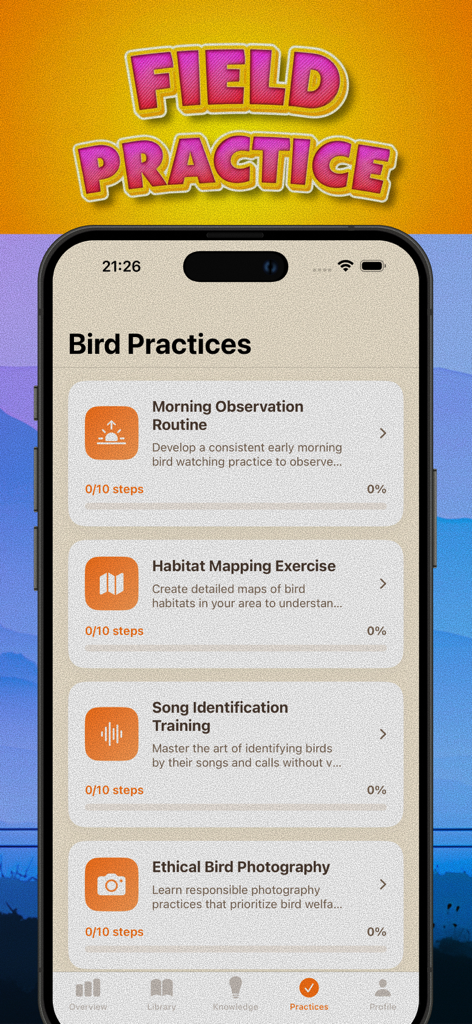 Wild Bird Ledger - Wild Bird Ledgerアプリのモバイルインターフェース。鳴き声の識別や倫理的な写真撮影など、さまざまなバードウォッチング練習モジュールが表示されています。