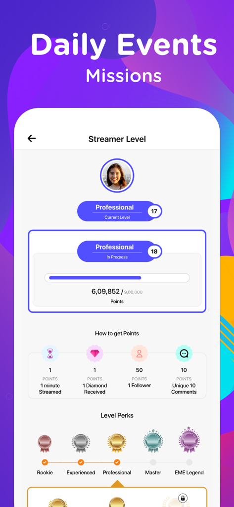 EME Hive - Dating, Go Live - Screenshot of EME Hive app showing streamer levels, daily missions, and point system perks.