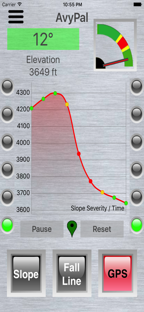 AvyPal - AvyPal app interface showing GPS mode with slope severity graph and current elevation data