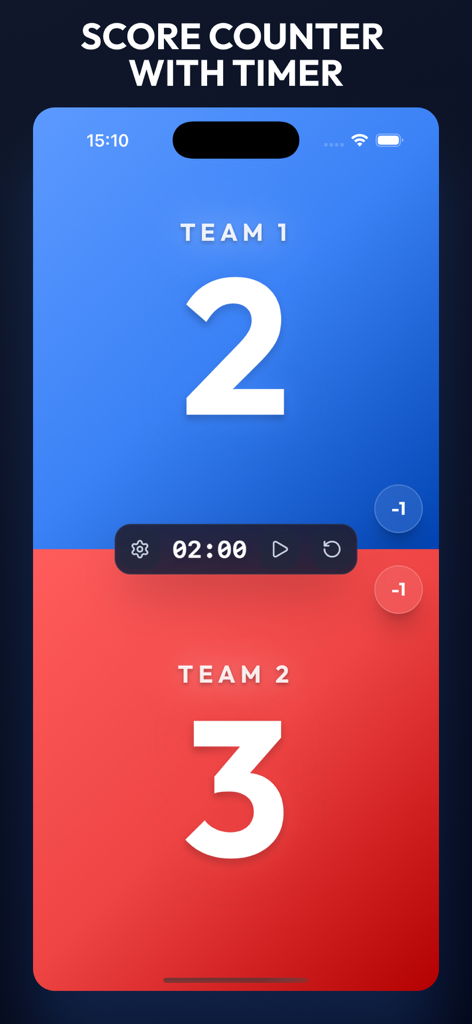 Scoard: Scoreboard & Points - Scoard app interface displaying a two team scoreboard with a central game timer