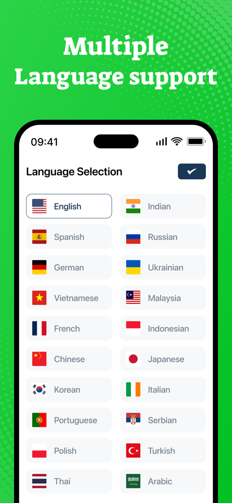 Tela do aplicativo WAMR exibindo uma grande variedade de idiomas disponíveis