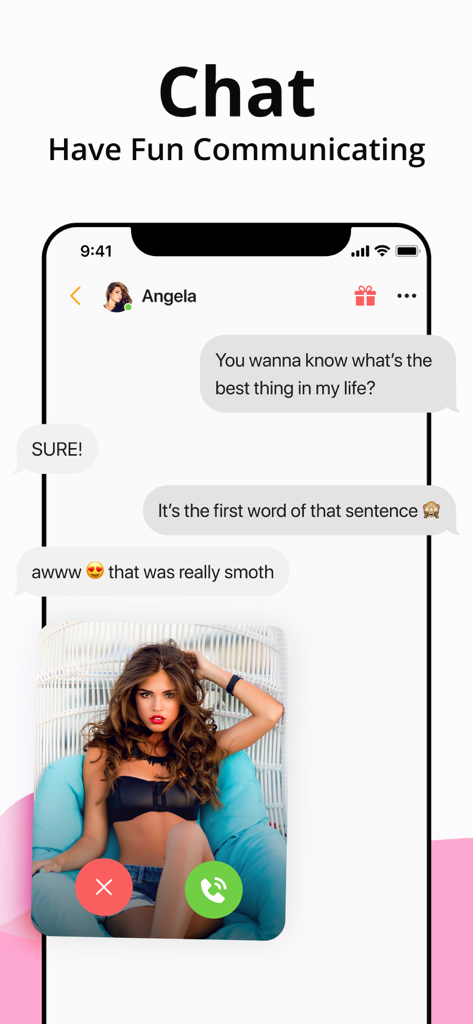 Mobile App-Bildschirm, der einen flirtenden Text-Chat und eine Live-Video-Vorschau zeigt