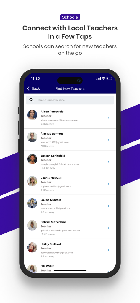 ClassCover - Mobile App-Oberfläche von ClassCover, die eine Liste lokaler Aushilfslehrer zeigt, die für Schulbuchungen verfügbar sind, mit Entfernung und Kontaktinformationen.