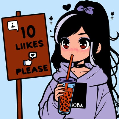 girl with a high ponytail and a hoodie drinking boba staring at a sign saying 10 likes please