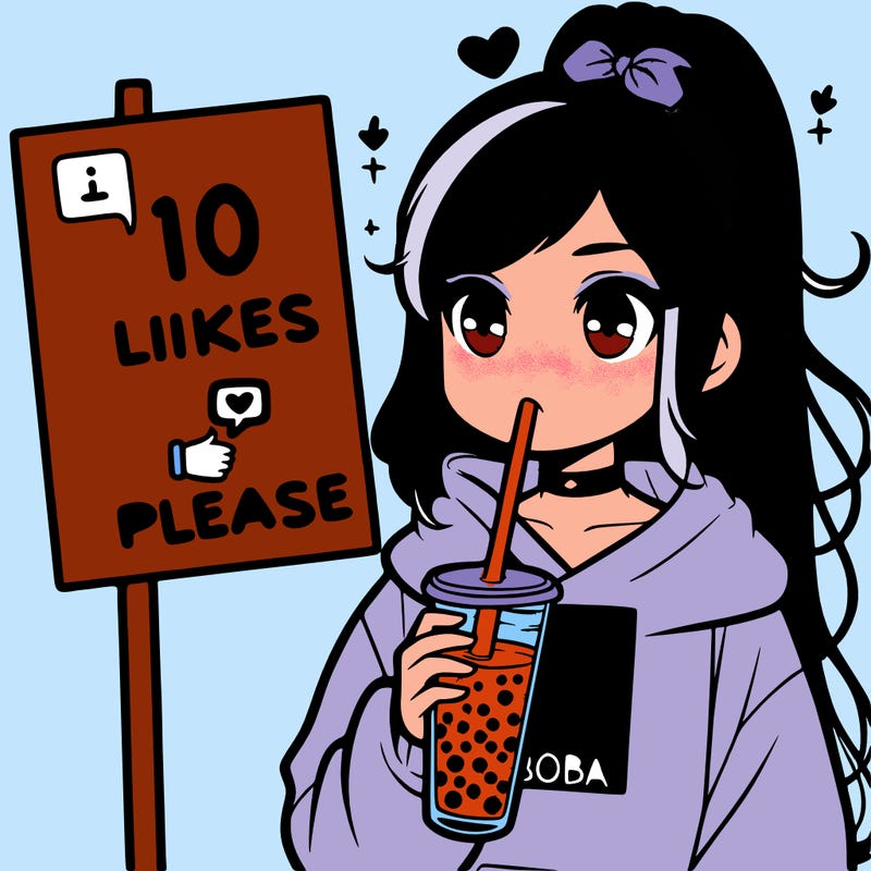 girl with a high ponytail and a hoodie drinking boba staring at a sign saying 10 likes please