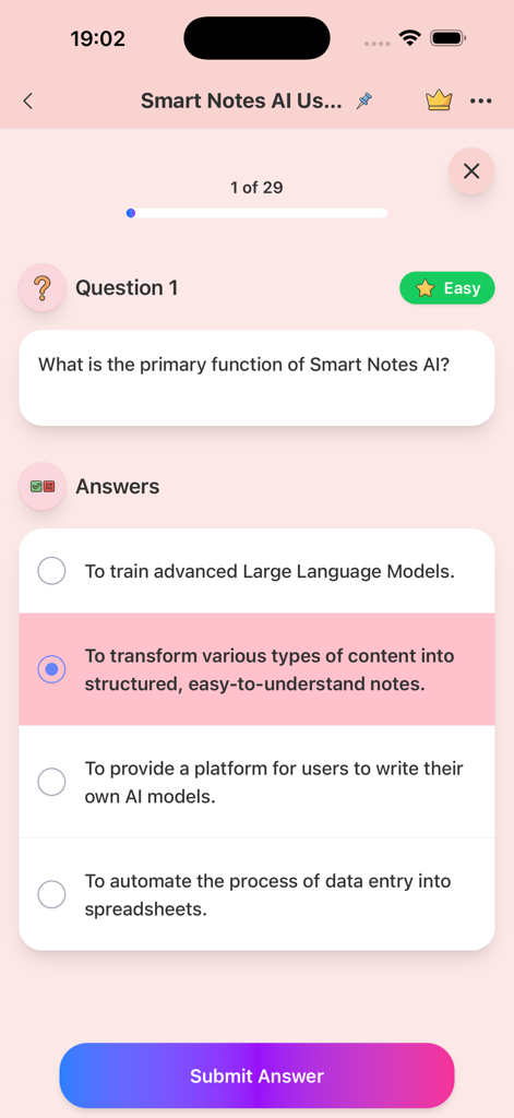 Smart Notes AI: Study & PDF - Smart Notes AIアプリ内のAI生成多肢選択クイズ画面。学習問題といくつかの回答オプションを表示。