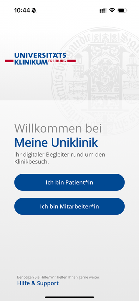 Startbildschirm der Meine Uniklinik App für das Universitätsklinikum Freiburg mit Optionen für Patienten und Mitarbeiter