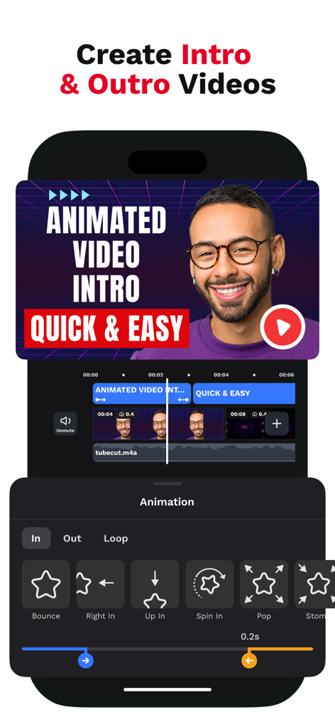 Thumbnail Maker - TubeCut - Interfaz de la aplicación TubeCut mostrando la creación de intros de video con línea de tiempo y efectos de animación