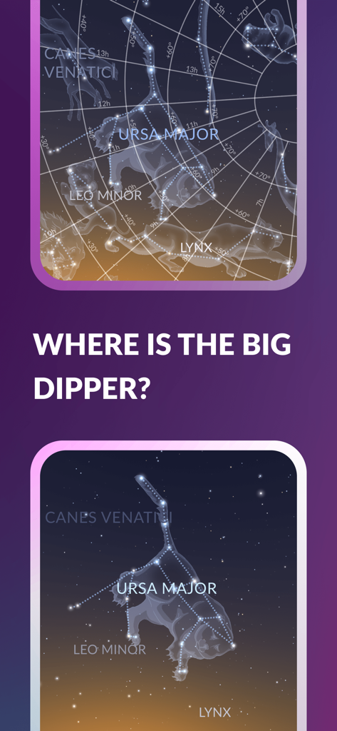Sky Tonight - Stargazing Guide - Interface of Sky Tonight app showing how to find the Big Dipper and Ursa Major constellation.