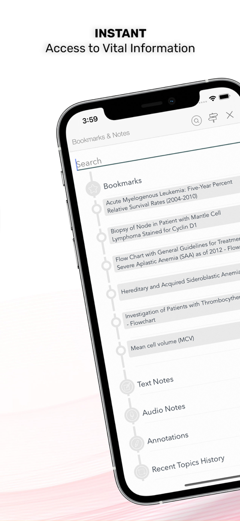 Williams Manual of Hematology - Interface of Williams Manual of Hematology app showing Bookmarks and Notes section with clinical search history.