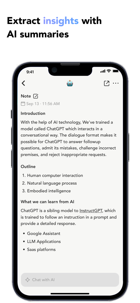 NoteGen - AI Note Taking - Smartphone displaying NoteGen app with structured notes and AI summaries for extracting insights