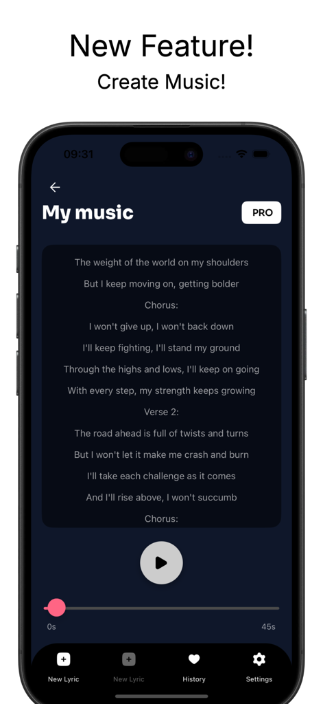AI Lyric & Song Write | Create - A smartphone screen showing the My Music interface of the AI Lyric and Song Writer app with generated lyrics and a music playback bar.