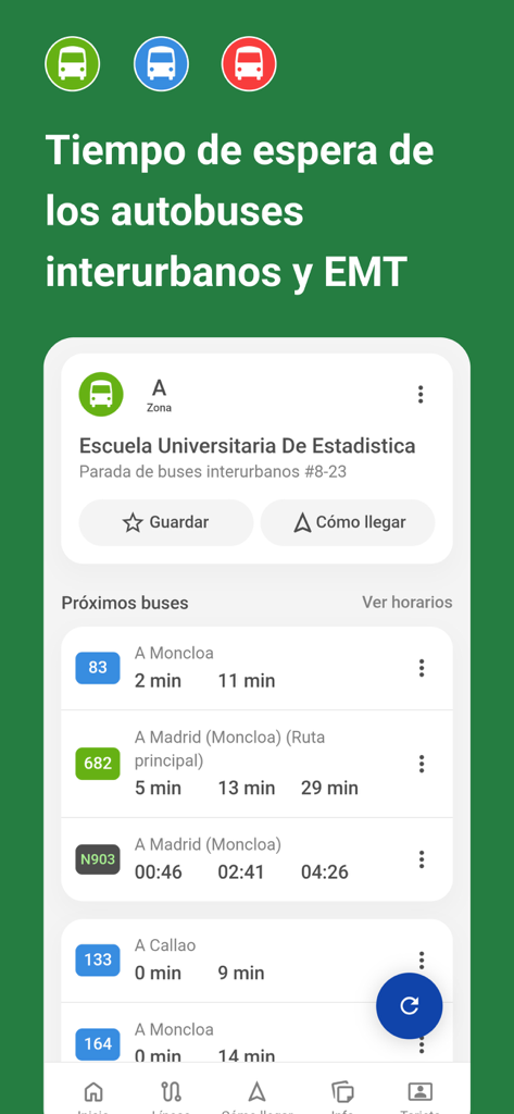 Buses Madrid Tiempo Real - Interface showing real-time arrival estimates for buses in Madrid at a specific stop.