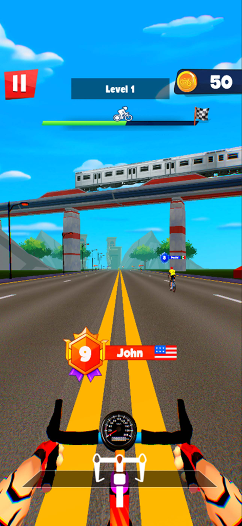 BMX Bike Games: Cycle Games 3D - Vue à la première personne d'un jeu de course de vélo sur une autoroute avec un pont de train.