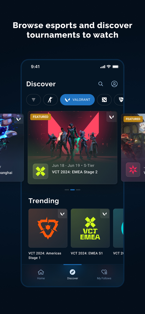 Écran Découvrir de l'application Liquipedia affichant les tournois d'esports VALORANT en vedette et tendances