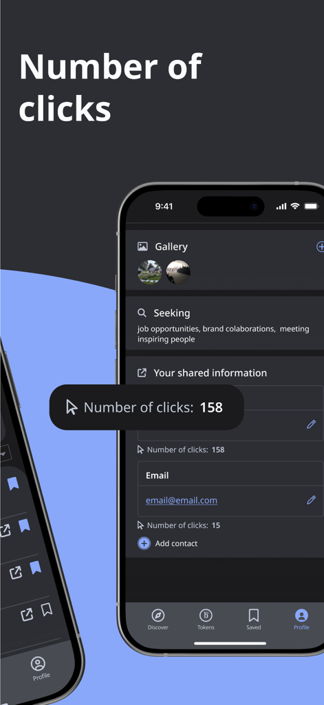 Buzzly: Find Nearby People - Buzzly app user profile screen displaying click count for shared contact information and networking goals