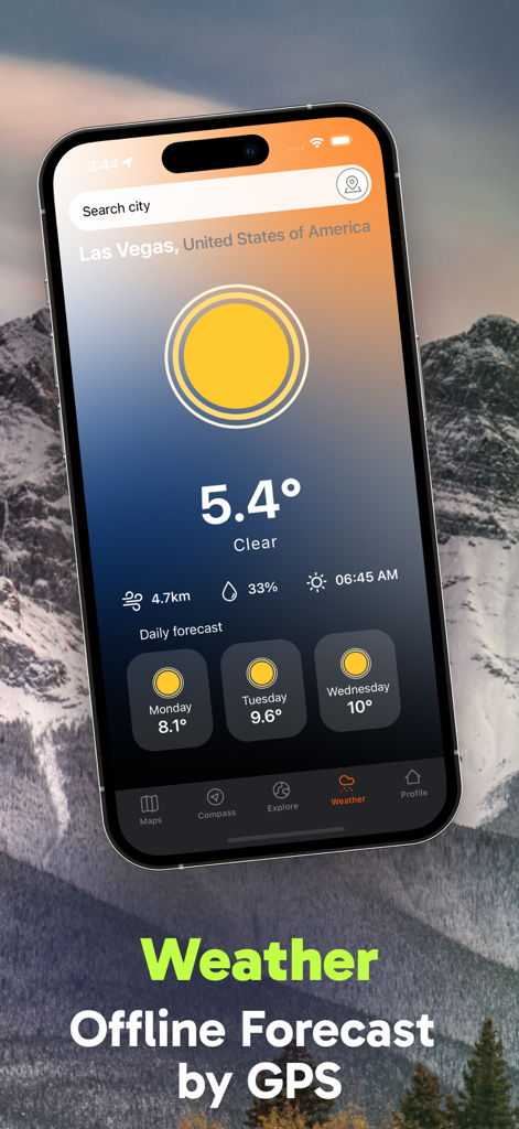 A smartphone display showing the offline weather forecast interface of the My Altimeter app with current temperature and a three-day outlook.