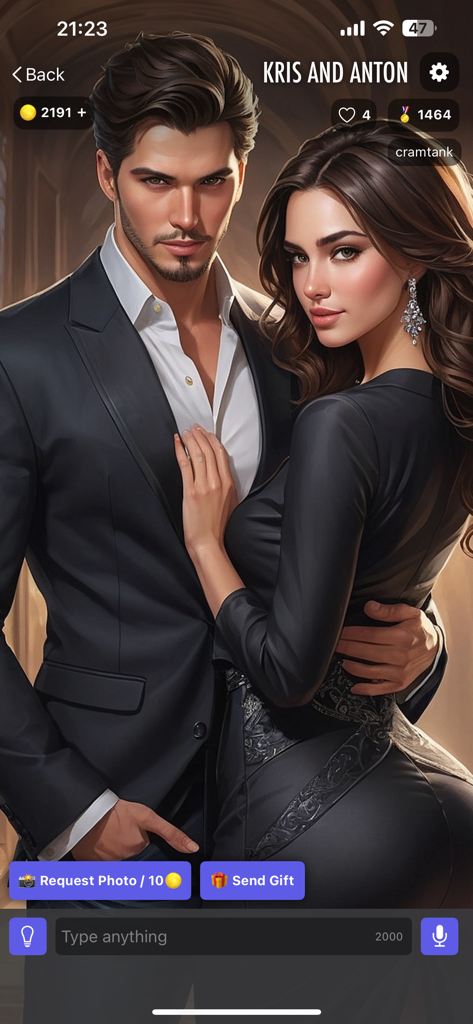 Jupi AI Chat Fantasy Roleplay - Una captura de pantalla de la aplicación Jupi AI Chat que muestra una interfaz de rol con dos personajes elegantemente vestidos llamados Kris y Anton