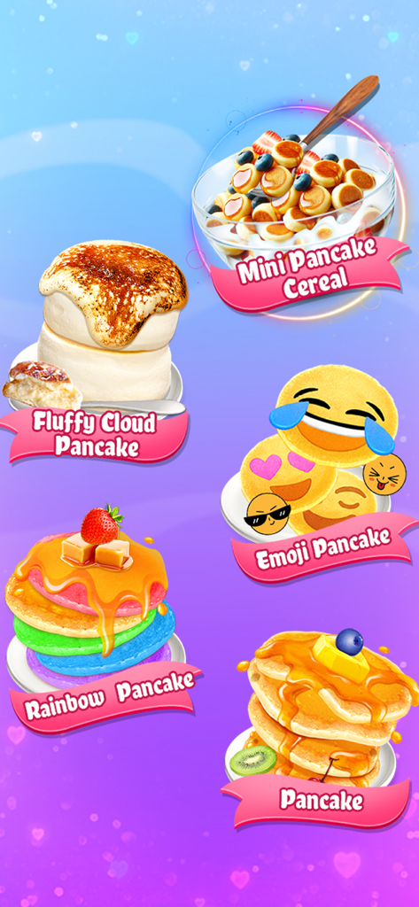 Un affichage de divers styles de crêpes, y compris des motifs arc-en-ciel et emoji.
