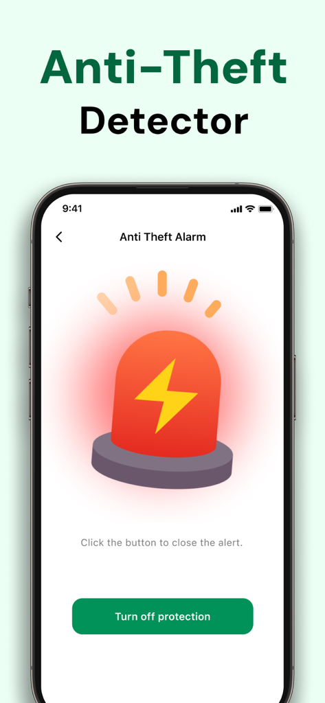 CallGuru mobile app interface showing the Anti-Theft Alarm feature with a siren icon and a button to turn off protection