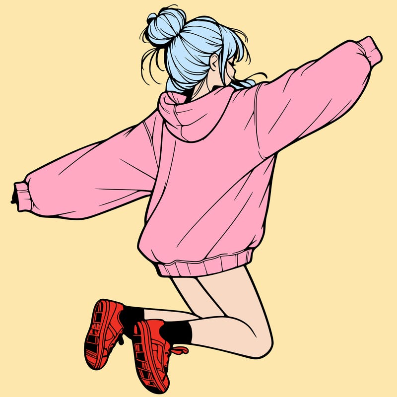 realistic girl jumping with a bun and oversized sweatshirt
