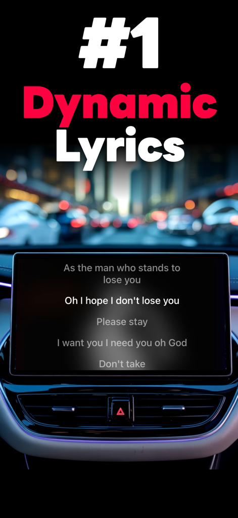 Dynamic Lyrics 2.0-Play in Car - A car dashboard screen displaying real-time scrolling lyrics through the Dynamic Lyrics app while driving at night