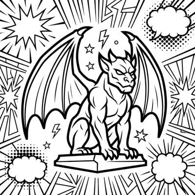 Dive into a world where ancient myth meets modern art with this exciting Winged Gargoyle Pop Art coloring page. Featuring a formidable gargoyle against a backdrop of explosive comic book graphics, it promises a truly dynamic coloring experience.