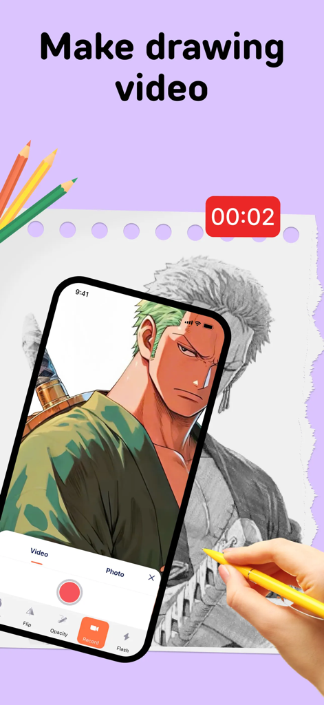 PicTrace: AR Drawing & Sketch - Gravando um vídeo de um personagem de anime sendo traçado com o aplicativo de desenho com RA PicTrace.