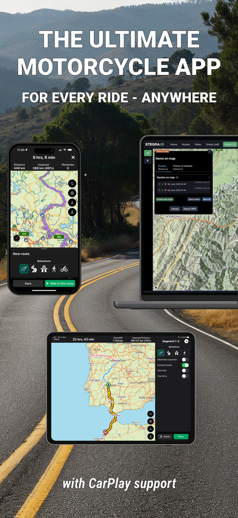 Stegra.io - Motorcycle GPS - Stegra.io motorcycle GPS and adventure route planning app displayed on smartphone, tablet, and laptop with CarPlay support