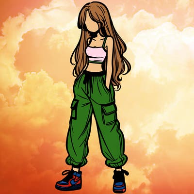 girl in baggy pants crop top and long hair