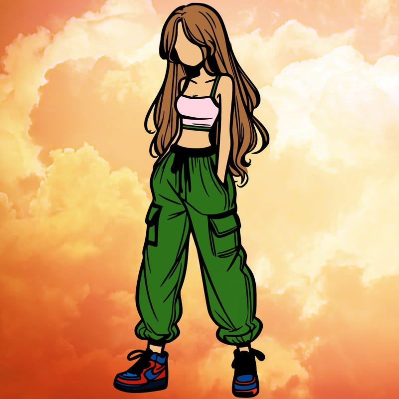 girl in baggy pants crop top and long hair