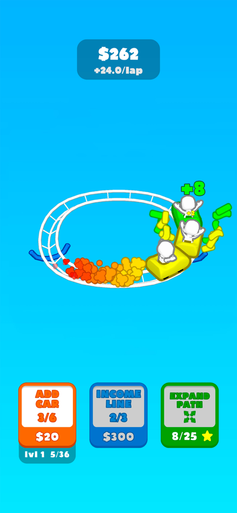Super Loop!! - Una pista de montaña rusa circular blanca con coches amarillos y verdes y botones de mejora para coches y caminos.