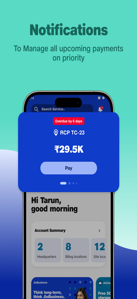 JioBusiness - Mobile screen of JioBusiness app displaying an overdue payment notification card and an account summary dashboard for a business owner.