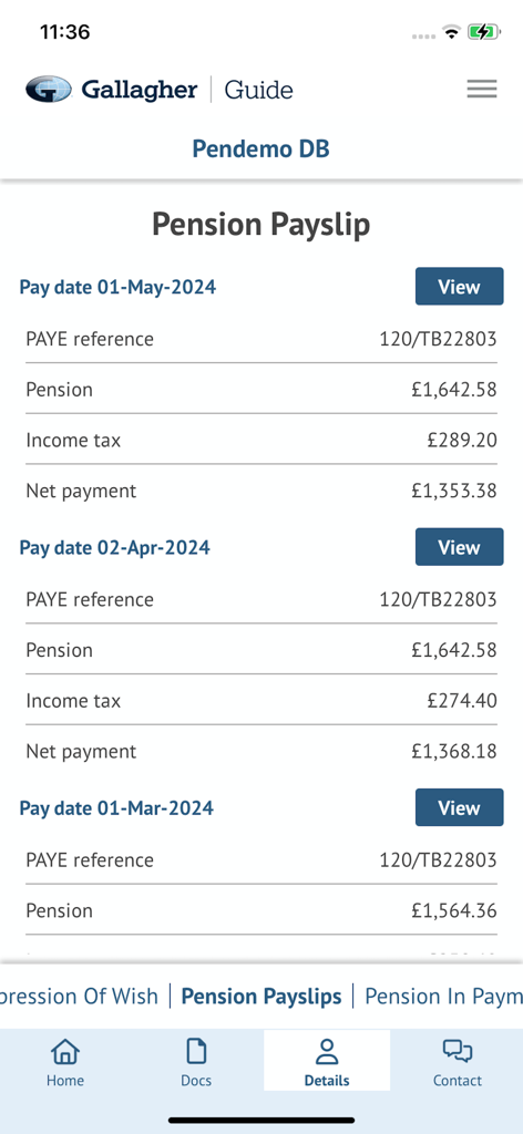 Gallagher Guide - Pensions - Monthly pension payslip dashboard showing net payments and income tax details