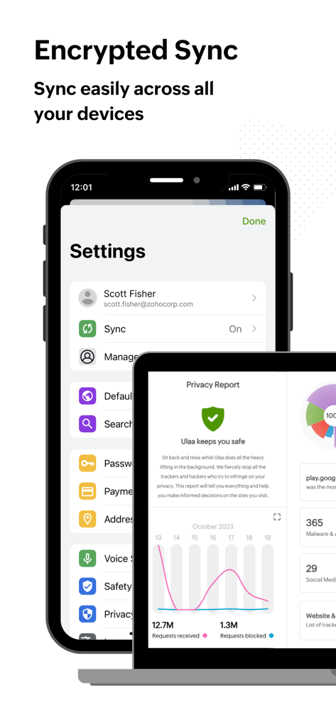 Ulaa Browser app interface on iPhone and laptop showing sync settings and privacy report
