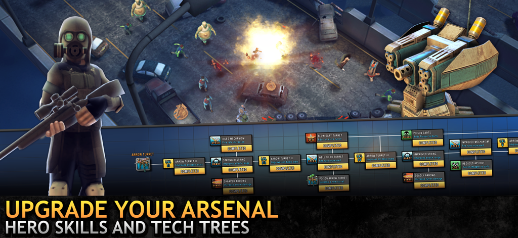 Last Hope TD - Upgrade menu in Last Hope TD displaying the tech tree for tower improvements and hero skills.