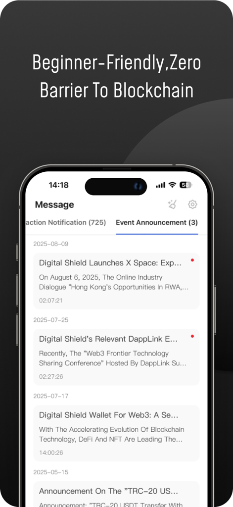Digital Shield: Crypto Wallet - Centro de mensajes de la aplicación de billetera de criptomonedas Digital Shield que muestra anuncios de eventos y el feed de noticias